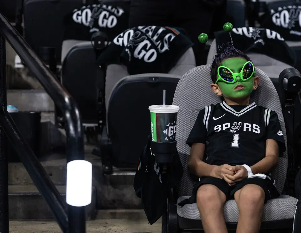 Mikey Delgado, 8, came prepared in his alien costume for Game 2 of the NBA Championship at Frost Bank Center in San Antonio on Friday, June 5, 2026.