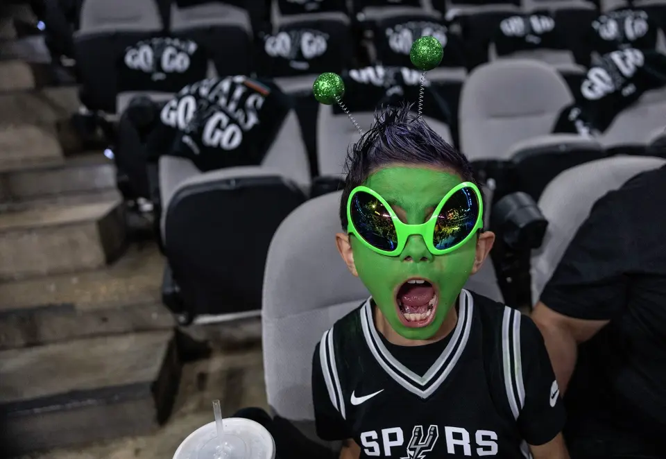 Mikey Delgado, 8, gets ready to cheer on the Spurs prior to the start of Game 2 of the NBA Championship at Frost Bank Center in San Antonio on Friday, June 5, 2026.