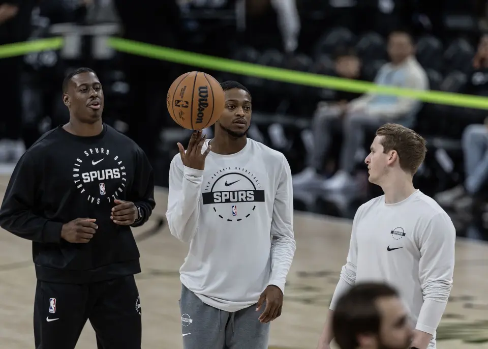 San Antonio Spurs forward Keldon Johnson (3) warms up prior to the start of Game 2 of the NBA Championship at Frost Bank Center in San Antonio on Friday, June 5, 2026.