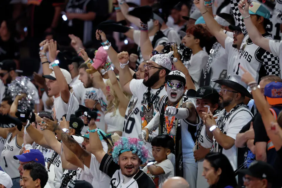 San Antonio Spurs fans cheer in their team during the second quarter of Game 2 of the NBA Championship at Frost Bank Center in San Antonio on Friday, June 5, 2026.
