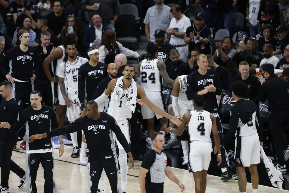 San Antonio walks back to the bench for a time out during the second quarter of Game 2 of the NBA Championship at Frost Bank Center in San Antonio on Friday, June 5, 2026.