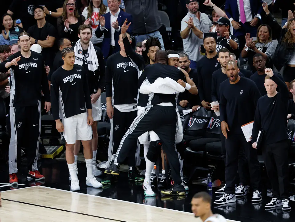 The San Antonio bench reacts after a big play during the fourth quarter of Game 2 of the NBA Championship at Frost Bank Center in San Antonio on Friday, June 5, 2026. The Knicks beat the Spurs 105 to 104 to take a 2-0 lead.