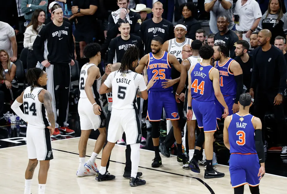 A scuffle broke out between the San Antonio Spurs and New York Knicks during the fourth quarter of Game 2 of the NBA Championship at Frost Bank Center in San Antonio on Friday, June 5, 2026. The Knicks beat the Spurs 105 to 104 to take a 2-0 lead.