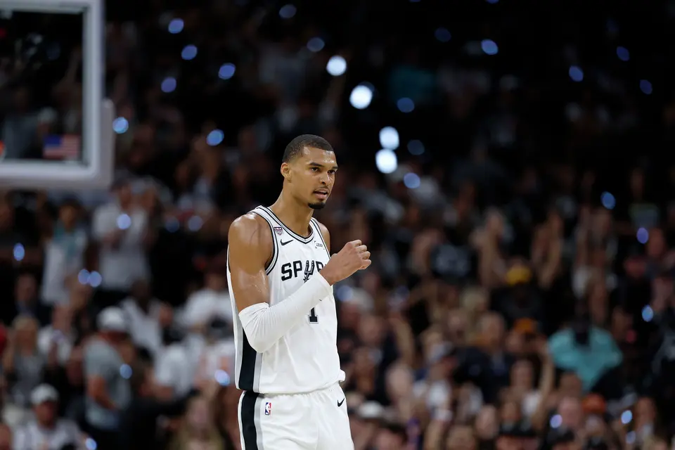 San Antonio Spurs center Victor Wembanyama (1) reacts after scoring a basket during the third quarter of Game 2 of the NBA Championship at Frost Bank Center in San Antonio on Friday, June 5, 2026.