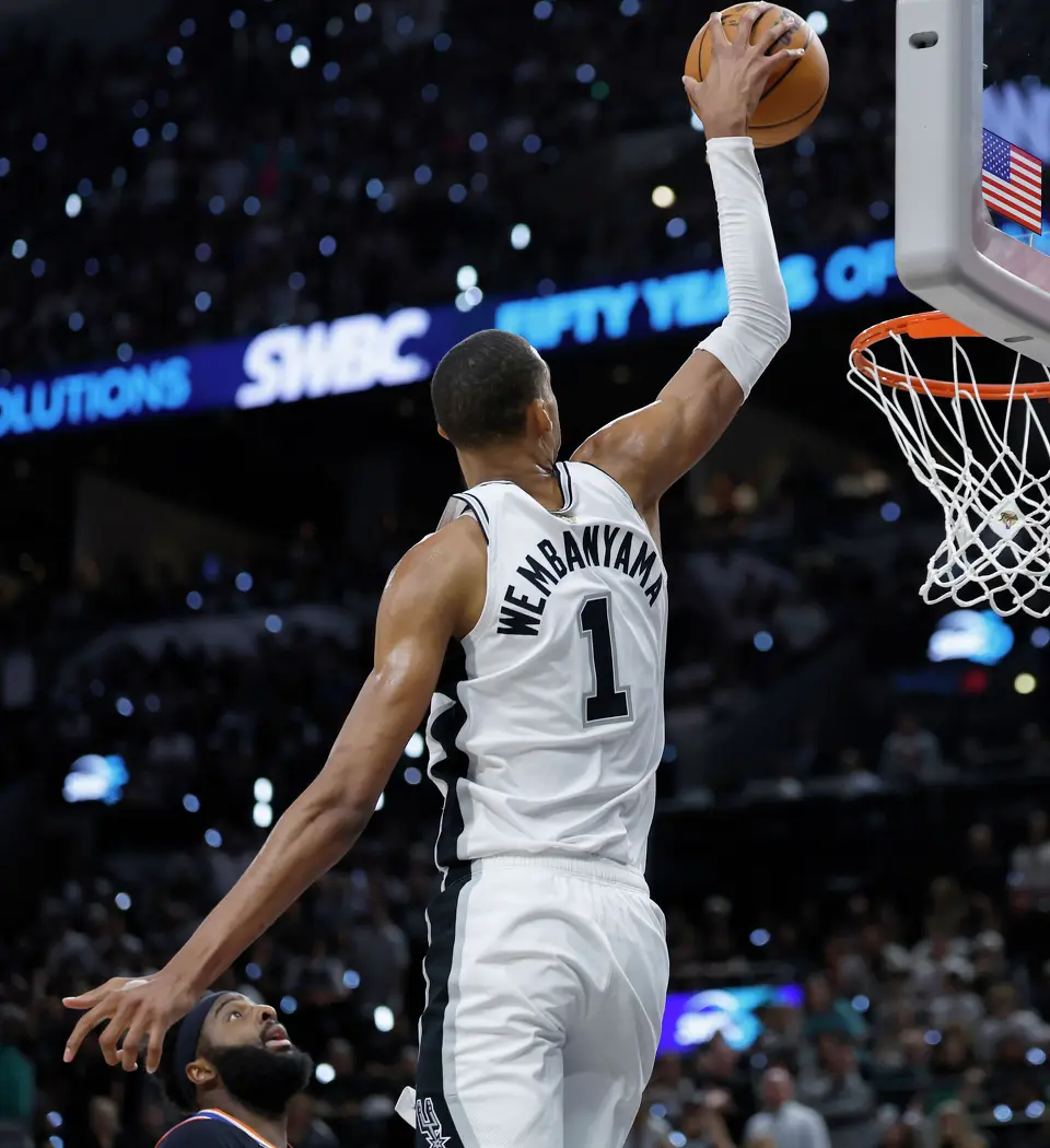 San Antonio Spurs center Victor Wembanyama (1) get the easy dunk during the third quarter of Game 2 of the NBA Championship at Frost Bank Center in San Antonio on Friday, June 5, 2026.