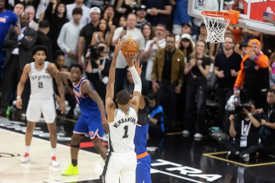 San Antonio Spurs center Victor Wembanyama (1) shoots the ball in the last few seconds of the fourth quarter during Game 2 of the NBA Finals at Frost Bank Center in San Antonio on Friday, June 5, 2026.