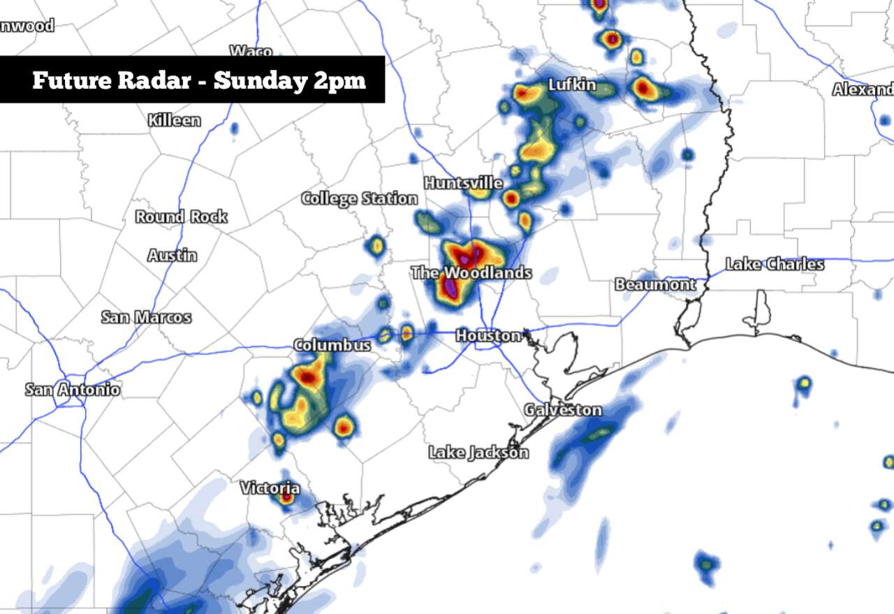 Shown is the potential future radar at 2 p.m. Sunday afternoon, as scattered storms move across Southeast Texas.