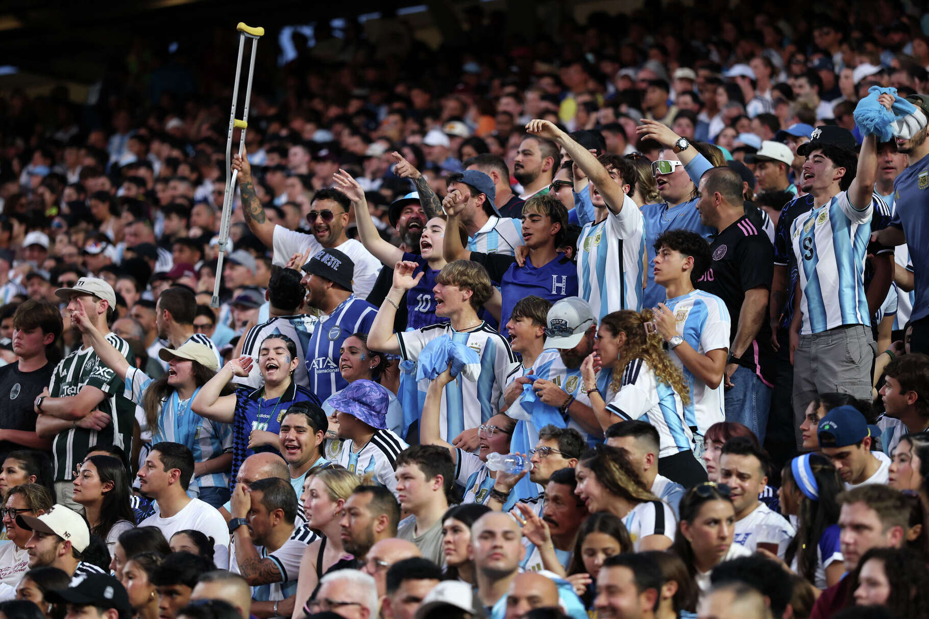 Fans of Argentina cheer for the team during the international friendly match between Argentina and Honduras at Kyle Field on June 06, 2026 in College Station, Texas.
