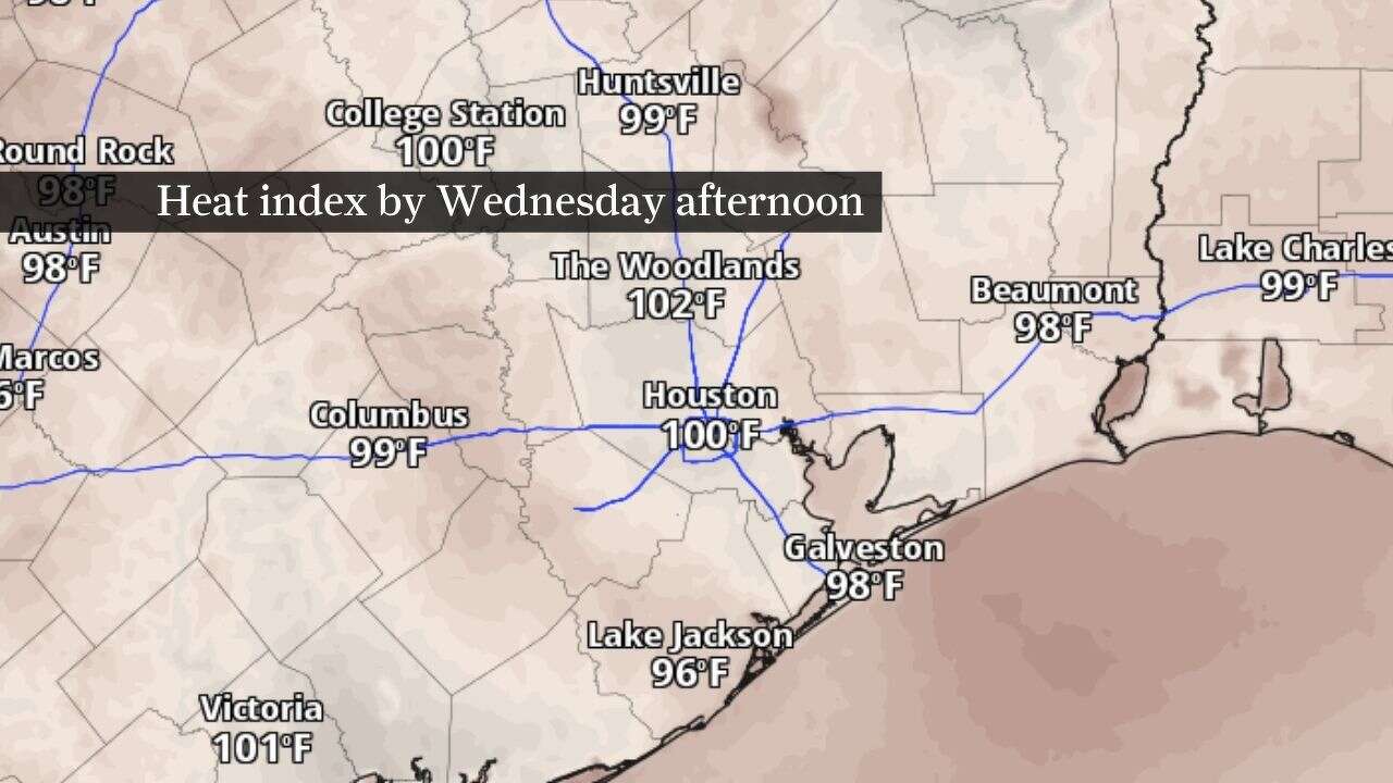 Southeast Texas will heat up this week as rain chances drop. Heat index values by Wednesday could approach 100 degrees, as shown by this map.