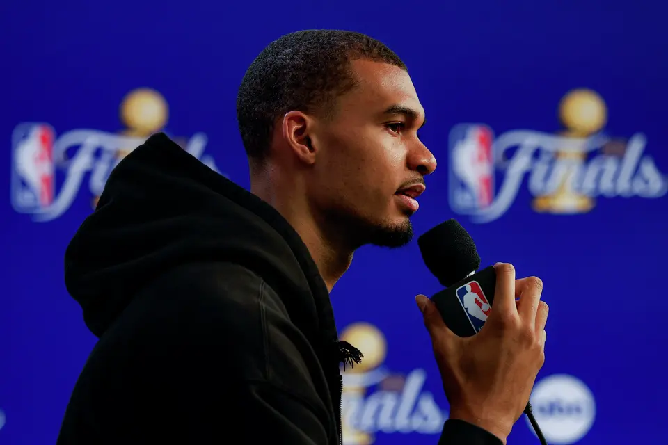San Antonio Spurs center Victor Wembanyama answers questions during a news conference at Madison Square Garden in New York, Sunday, June 7, 2026, ahead of Game 3 of the NBA Finals against the New York Knicks.