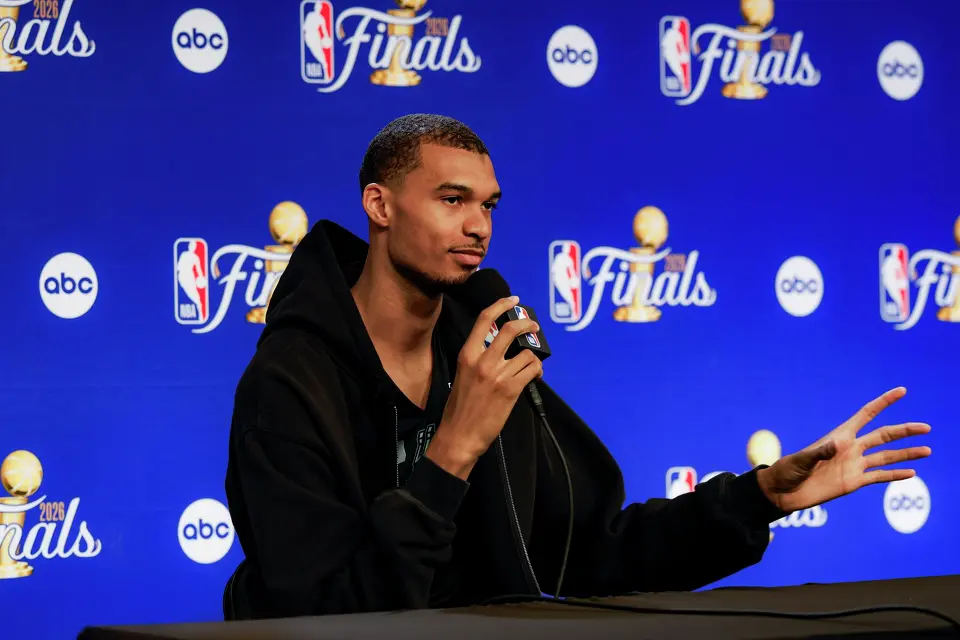 San Antonio Spurs center Victor Wembanyama answers questions during a news conference at Madison Square Garden in New York, Sunday, June 7, 2026, ahead of Game 3 of the NBA Finals against the New York Knicks.
