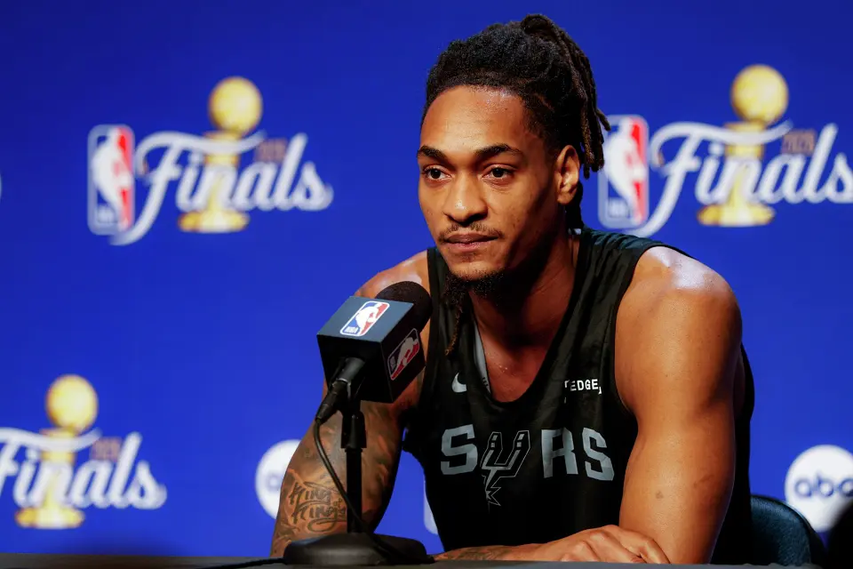 San Antonio Spurs guard Devin Vassell (24) listens to a question during a news conference at Madison Square Garden in New York, Sunday, June 7, 2026, ahead of Game 3 of the NBA Finals against the New York Knicks.