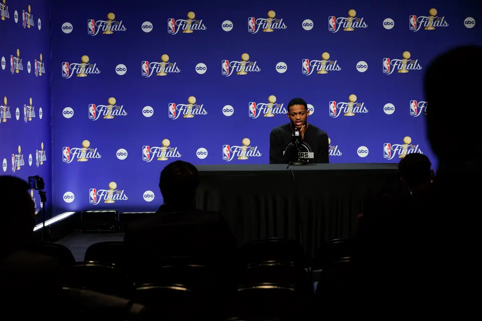San Antonio Spurs guard De'Aaron Fox answers questions during a news conference at Madison Square Garden in New York, Sunday, June 7, 2026, ahead of Game 3 of the NBA Finals against the New York Knicks.