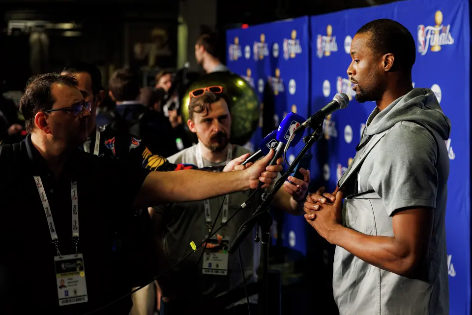 San Antonio Spurs forward Harrison Barnes answers questions during a news conference at Madison Square Garden in New York, Sunday, June 7, 2026, ahead of Game 3 of the NBA Finals against the New York Knicks.