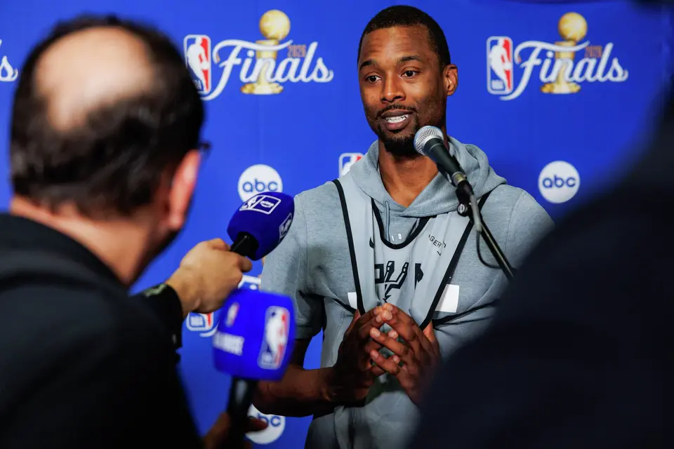San Antonio Spurs forward Harrison Barnes answers questions during a news conference at Madison Square Garden in New York, Sunday, June 7, 2026, ahead of Game 3 of the NBA Finals against the New York Knicks.