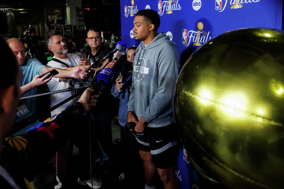 San Antonio Spurs forward Keldon Johnson answers questions during a news conference at Madison Square Garden in New York, Sunday, June 7, 2026, ahead of Game 3 of the NBA Finals against the New York Knicks.