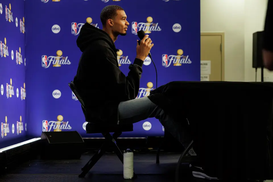San Antonio Spurs center Victor Wembanyama answers questions during a news conference at Madison Square Garden in New York, Sunday, June 7, 2026, ahead of Game 3 of the NBA Finals against the New York Knicks.