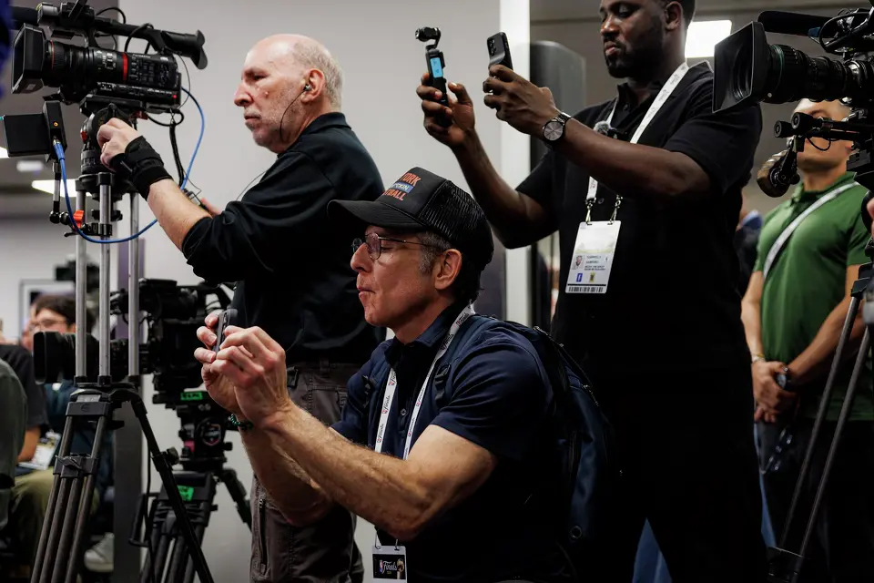 Ben Stiller films San Antonio Spurs center Victor Wembanyama’s news conference at Madison Square Garden in New York, Sunday, June 7, 2026, ahead of Game 3 of the NBA Finals against the New York Knicks.