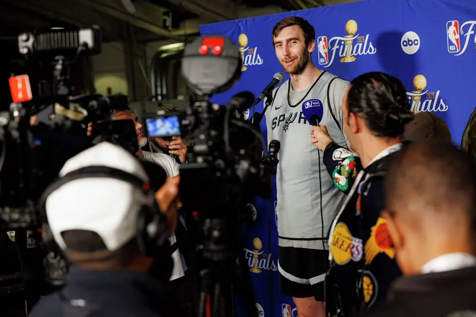 San Antonio Spurs center Luke Kornet (7) answers questions during a news conference at Madison Square Garden in New York, Sunday, June 7, 2026, ahead of Game 3 of the NBA Finals against the New York Knicks.