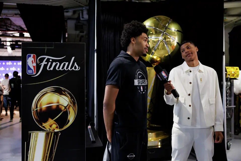 San Antonio Spurs guard Dylan Harper, left, does an interview before heading to the court for practice at Madison Square Garden in New York, Sunday, June 7, 2026, ahead of Game 3 of the NBA Finals against the New York Knicks.