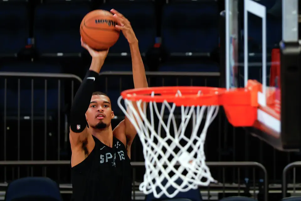 San Antonio Spurs center Victor Wembanyama takes a shot during practice at Madison Square Garden in New York, Sunday, June 7, 2026, as the team prepares for Game 3 of the NBA Finals against the New York Knicks.