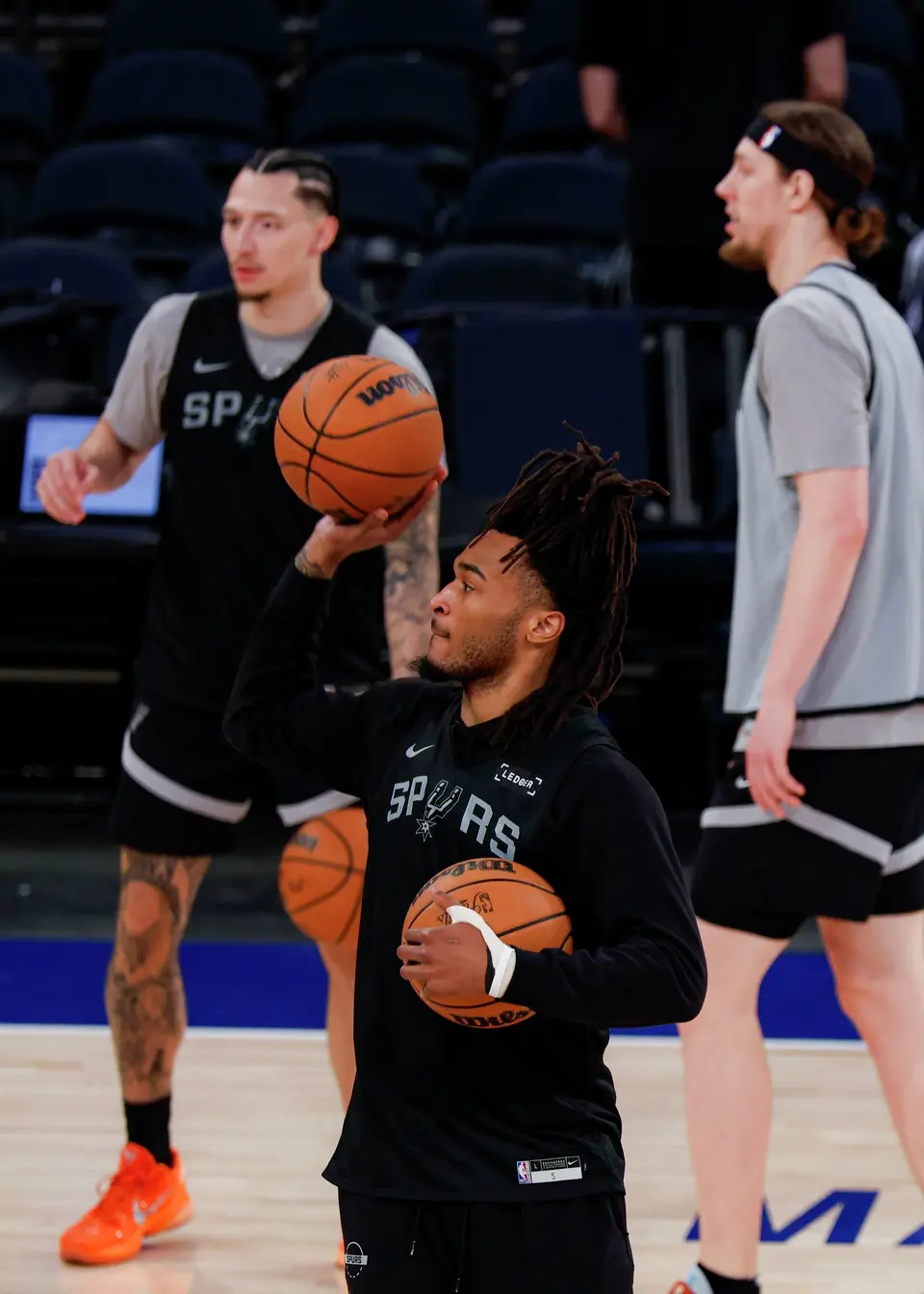 San Antonio Spurs guard Stephon Castle participates in practice at Madison Square Garden in New York, Sunday, June 7, 2026, as the team prepares for Game 3 of the NBA Finals against the New York Knicks.