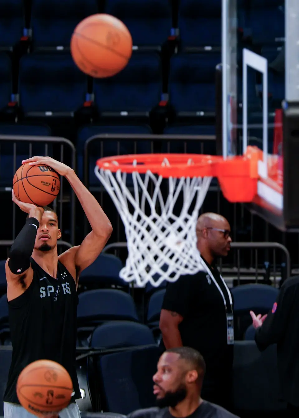 San Antonio Spurs center Victor Wembanyama takes a shot during practice at Madison Square Garden in New York, Sunday, June 7, 2026, as the team prepares for Game 3 of the NBA Finals against the New York Knicks.