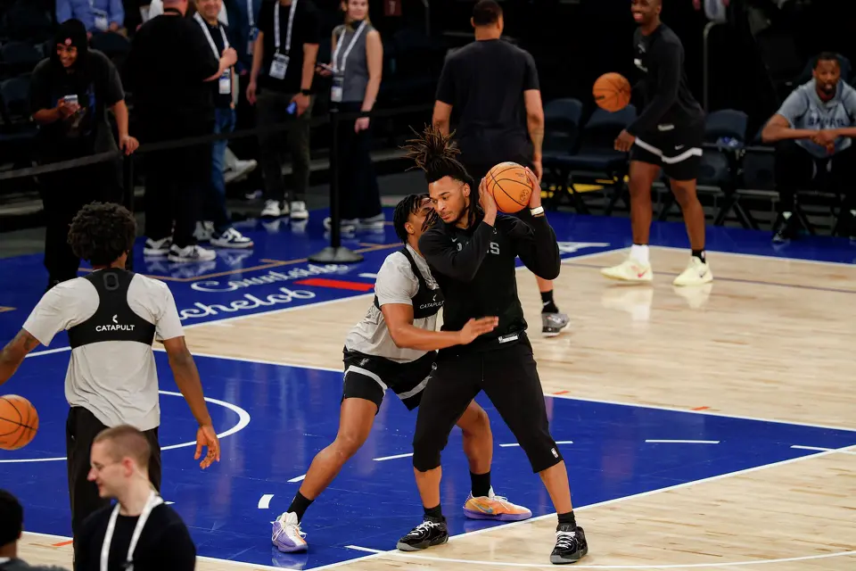 San Antonio Spurs forward Harrison Ingram guards San Antonio Spurs guard Stephon Castle during practice at Madison Square Garden in New York, Sunday, June 7, 2026, as the team prepares for Game 3 of the NBA Finals against the New York Knicks.