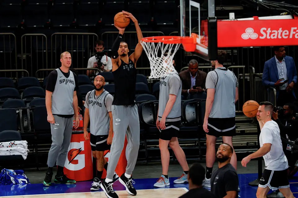 San Antonio Spurs center Victor Wembanyama takes a shot during practice at Madison Square Garden in New York, Sunday, June 7, 2026, as the team prepares for Game 3 of the NBA Finals against the New York Knicks.
