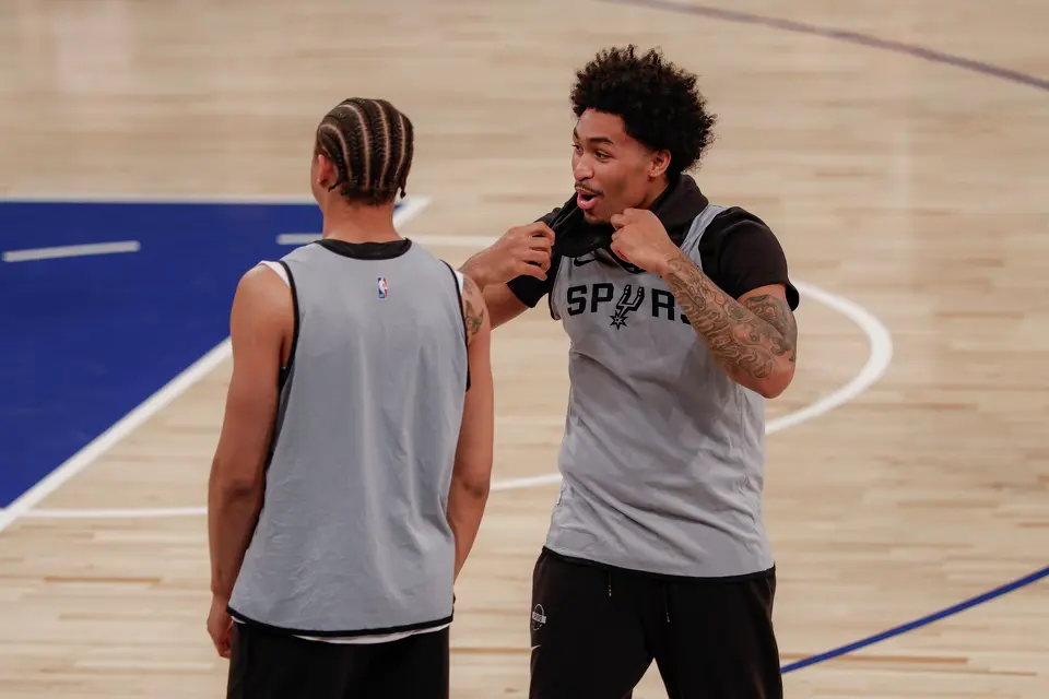 San Antonio Spurs forward Carter Bryant, left, and guard Dylan Harper joke around during practice at Madison Square Garden in New York, Sunday, June 7, 2026, as the team prepares for Game 3 of the NBA Finals against the New York Knicks.