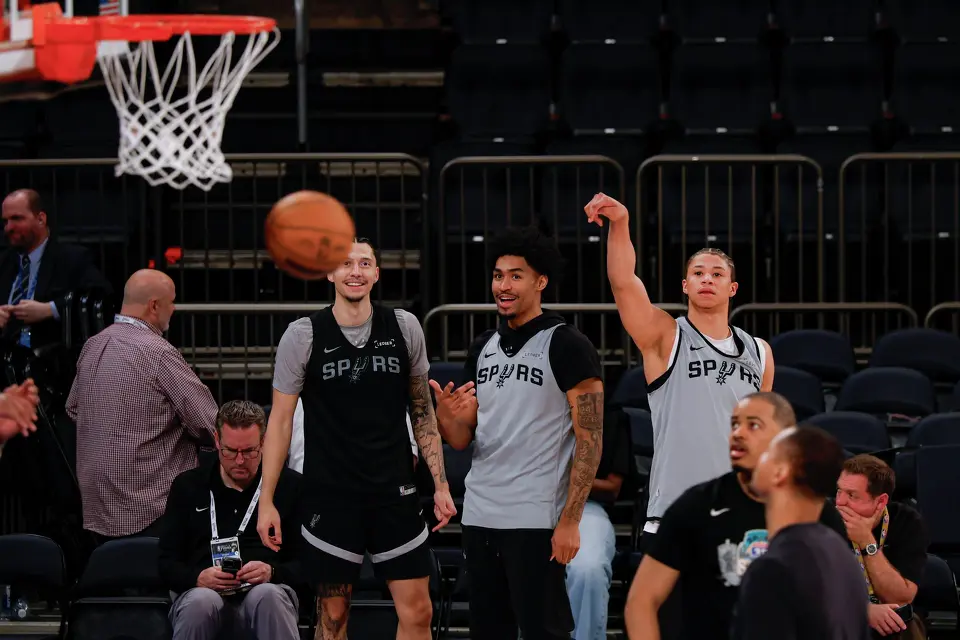 San Antonio Spurs forward Lindy Waters III, from left, guard Dylan Harper and forward Carter Bryant participate in practice at Madison Square Garden in New York, Sunday, June 7, 2026, as the team prepares for Game 3 of the NBA Finals against the New York Knicks.