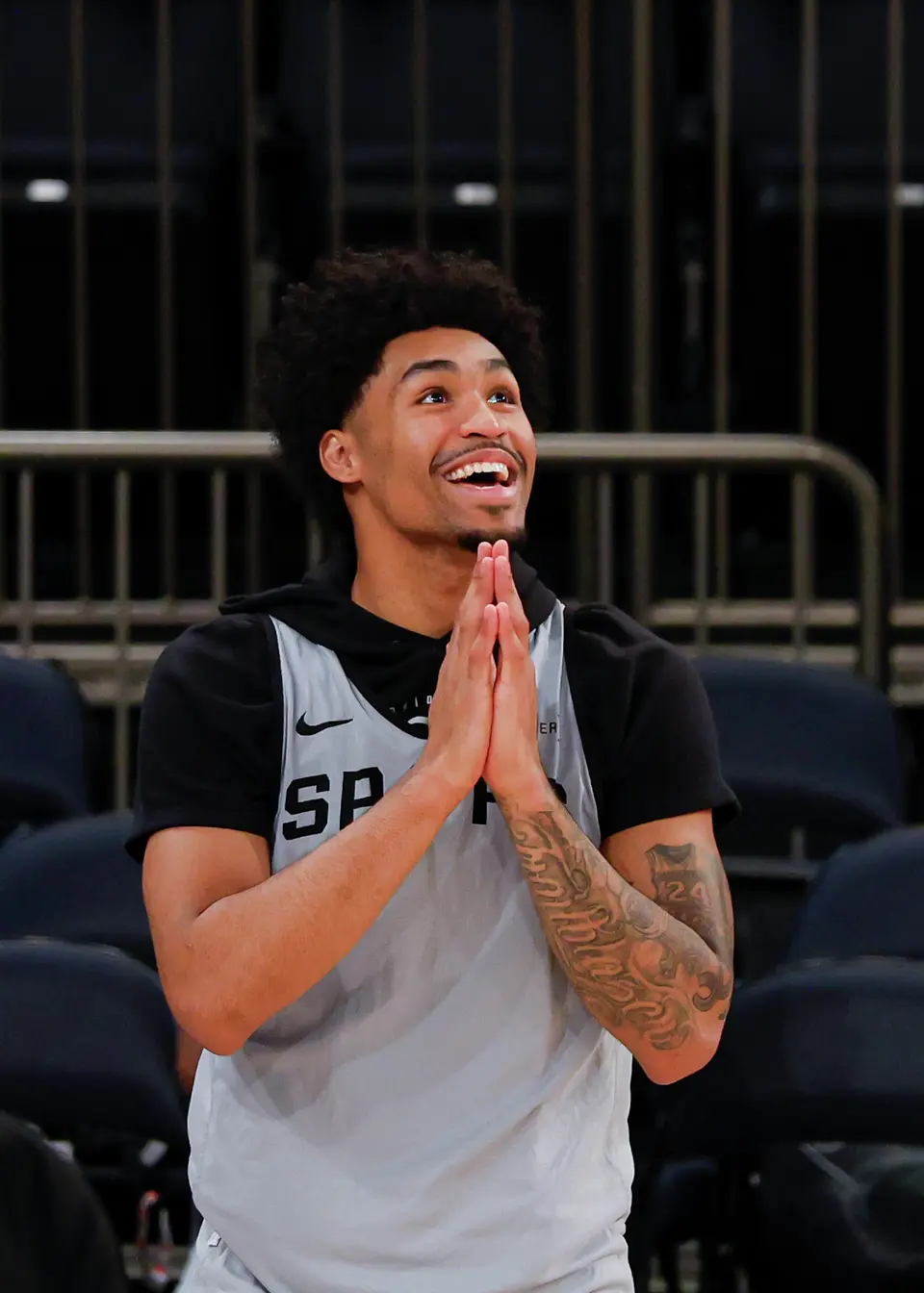 San Antonio Spurs guard Dylan Harper reacts after making a 3-pointer during practice at Madison Square Garden in New York, Sunday, June 7, 2026, as the team prepares for Game 3 of the NBA Finals against the New York Knicks.