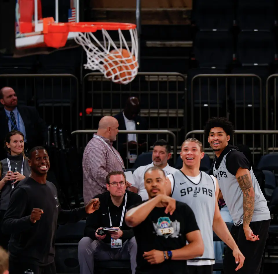 San Antonio Spurs guard Dylan Harper, back right, watches his 3-points shot go in during practice at Madison Square Garden in New York, Sunday, June 7, 2026, as the team prepares for Game 3 of the NBA Finals against the New York Knicks.
