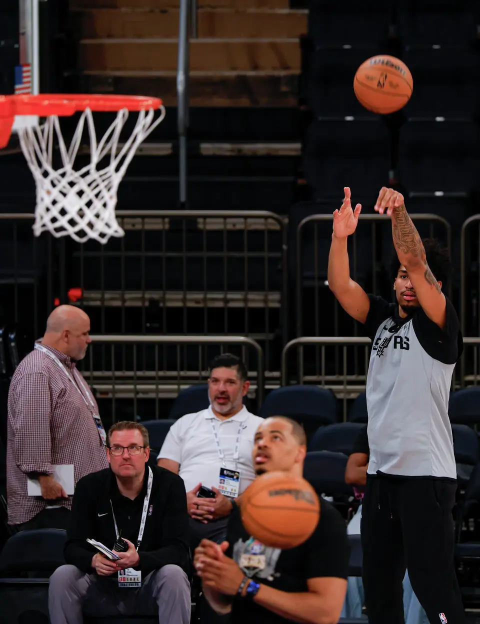 San Antonio Spurs guard Dylan Harper takes a 3-point shot during practice at Madison Square Garden in New York, Sunday, June 7, 2026, as the team prepares for Game 3 of the NBA Finals against the New York Knicks.