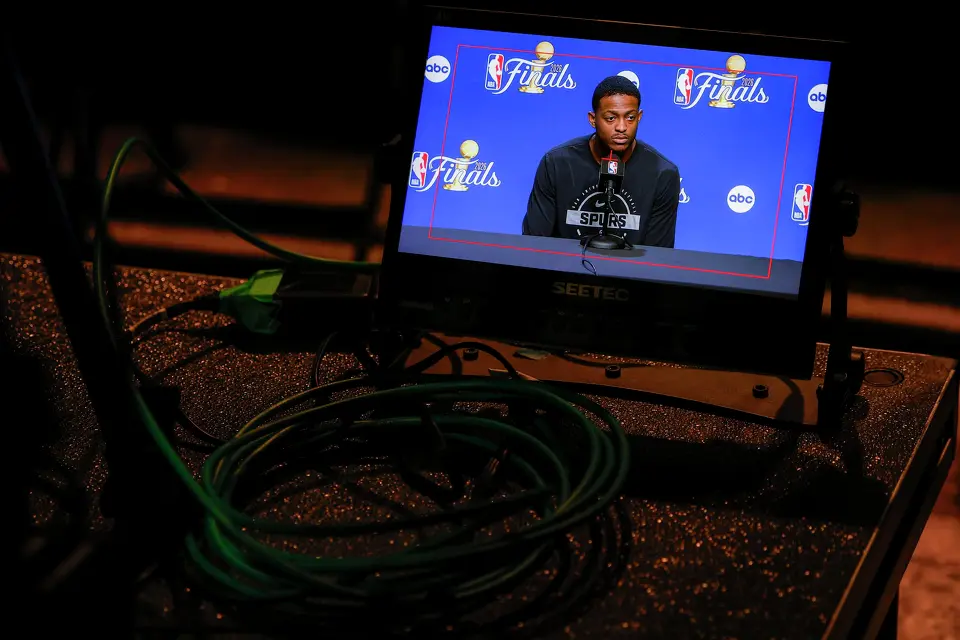 San Antonio Spurs guard De'Aaron Fox answers questions during a news conference at Madison Square Garden in New York, Sunday, June 7, 2026, ahead of Game 3 of the NBA Finals against the New York Knicks.