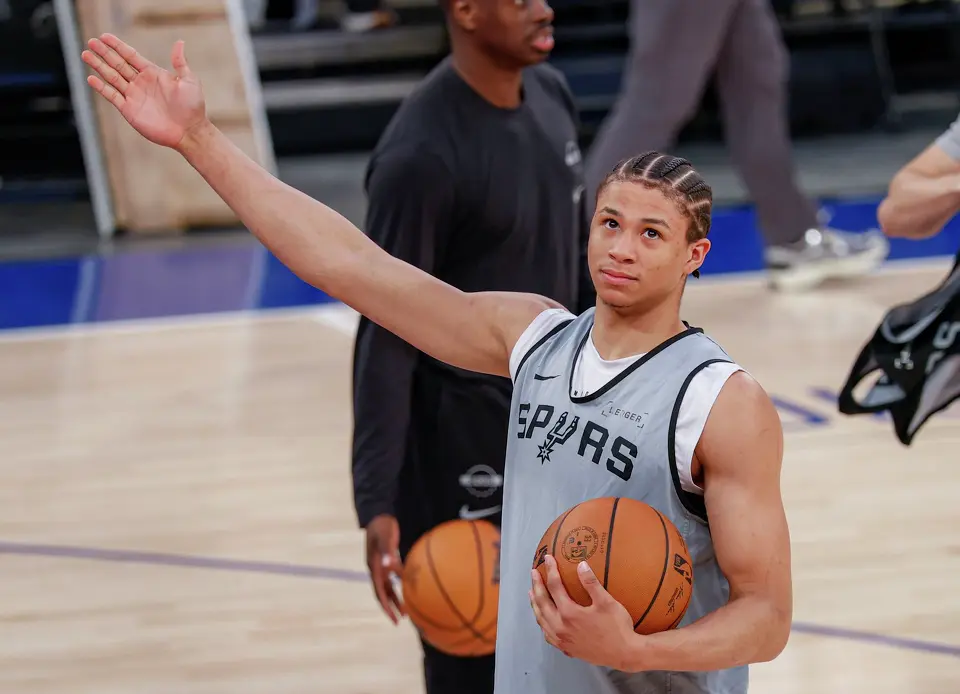 San Antonio Spurs forward Carter Bryant participates in practice at Madison Square Garden in New York, Sunday, June 7, 2026, as the team prepares for Game 3 of the NBA Finals against the New York Knicks.