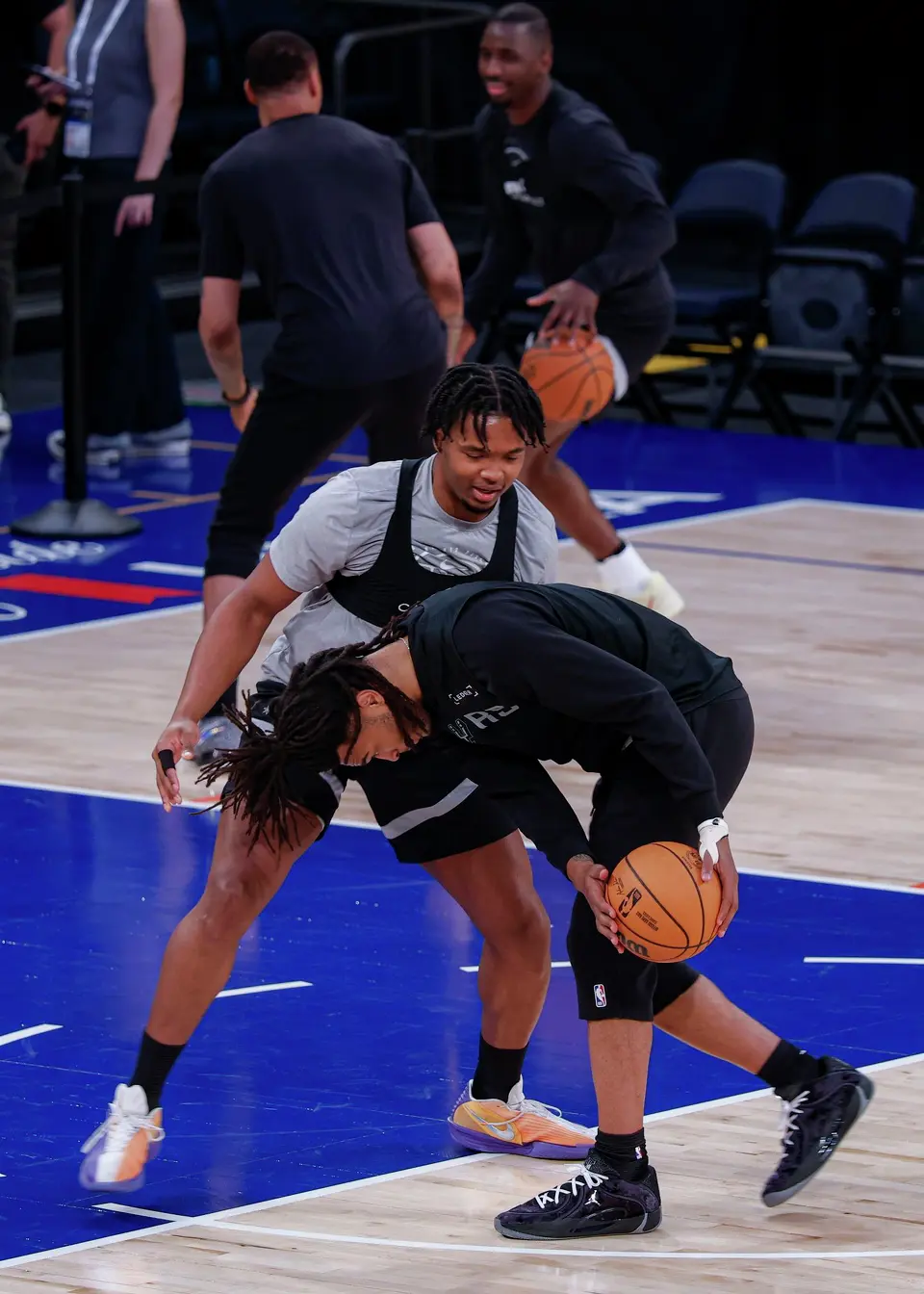 San Antonio Spurs forward Harrison Ingram guards his teammate Stephon Castle during practice at Madison Square Garden in New York, Sunday, June 7, 2026, as the team prepares for Game 3 of the NBA Finals against the New York Knicks.