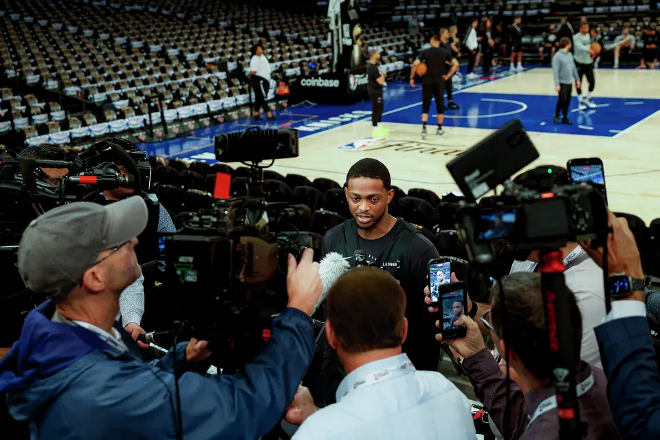 San Antonio Spurs guard De'Aaron Fox talks to reporters during practice at Madison Square Garden in New York, Monday, June 8, 2026, ahead of Game 3 of the NBA Finals against the New York Knicks.