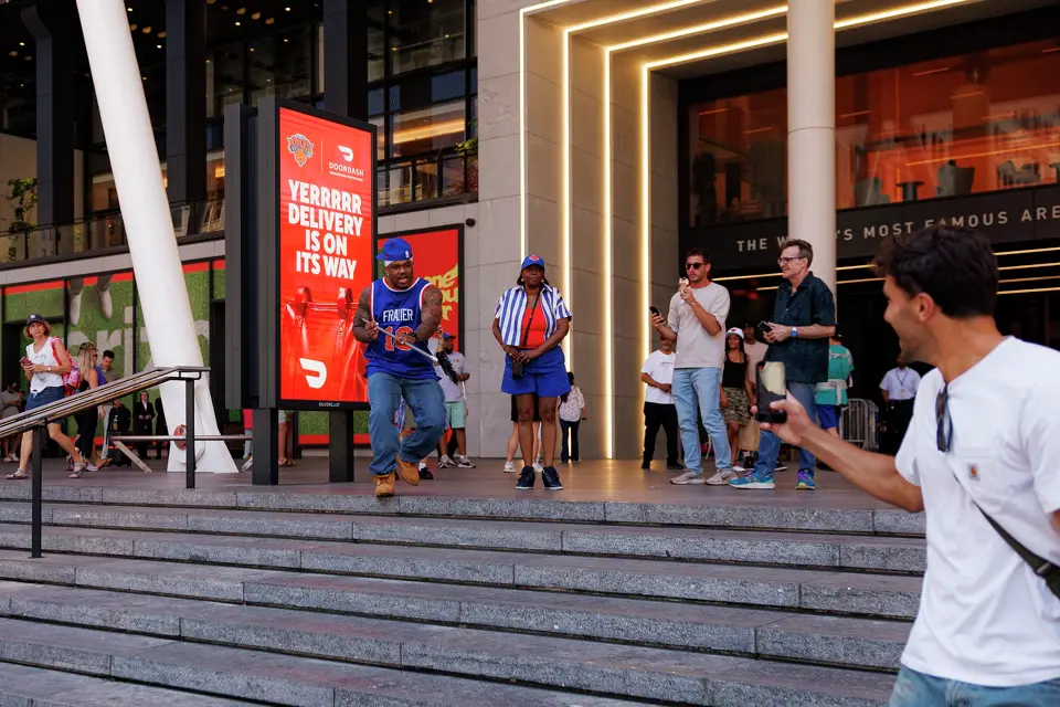“Knicks in four!,” yells a New York Knicks fan as he sweeps the steps outside of Madison Square Garden in New York, Monday, June 8, 2026, ahead of Game 3 of the NBA Finals between the San Antonio Spurs and the New York Knicks.