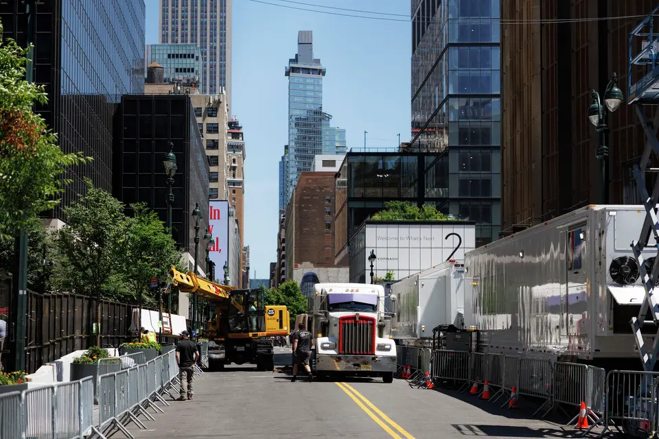 Barricades and fencing are placed around Madison Square Garden hours before Game 3 of the NBA Finals between the New York Knicks and the San Antonio Spurs on Monday, June 8, 2026, in New York. NYPD and the U.S. Secret Service established a large security perimeter, cancelling all public watch parties outside of the arena, after it was announced that President Donald Trump would attend the game.