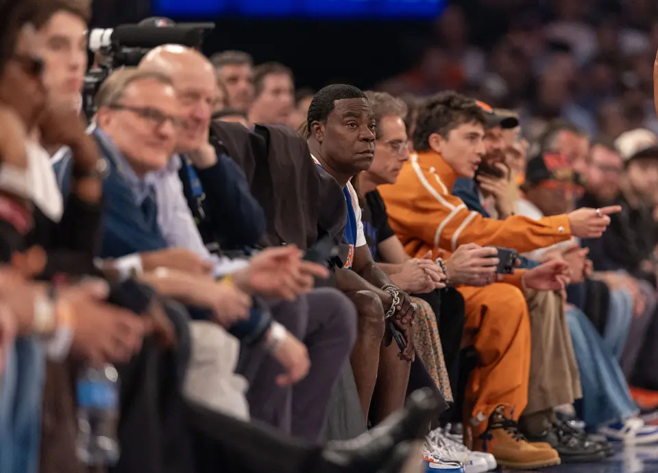 Tracy Morgan, Ben Stiller and Timothy Chalamet sit court side for game three of the NBA Championship between the San Antonio Spurs and New York Knicks on June 8, 2026.