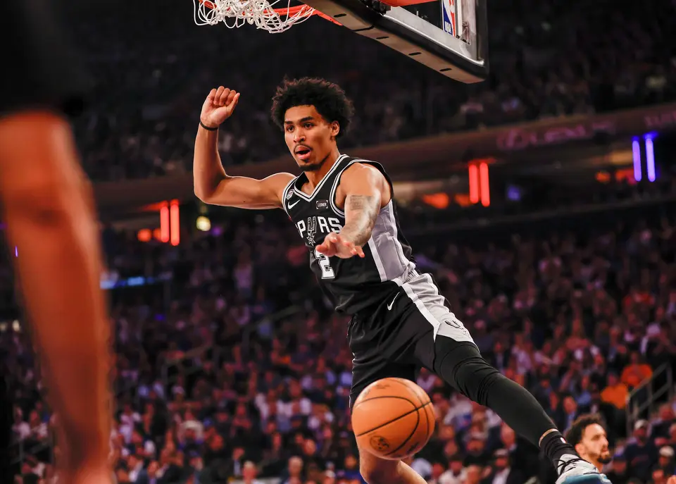 San Antonio Spurs guard Dylan Harper (2) gets a slam dunk during the first half of game three of the NBA Championship at Madison Square Garden in New York City on Monday, June 8, 2026.