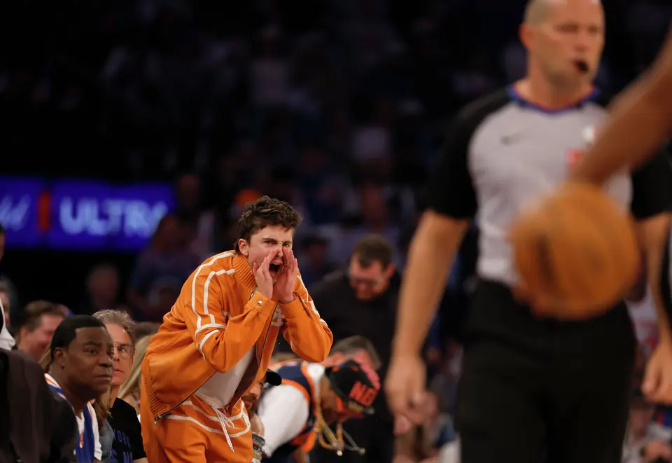 Timothy Chalamet cheers on the New York Knicks during the first half of game three of the NBA Championship at Madison Square Garden in New York City on Monday, June 8, 2026.