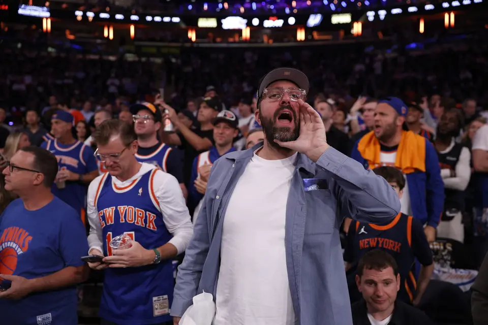 Actor Ray Romano cheers on the New York Knicks during the first quarter of Game 3 of the NBA Finals at Madison Square Garden in New York, Monday, June 8, 2026.