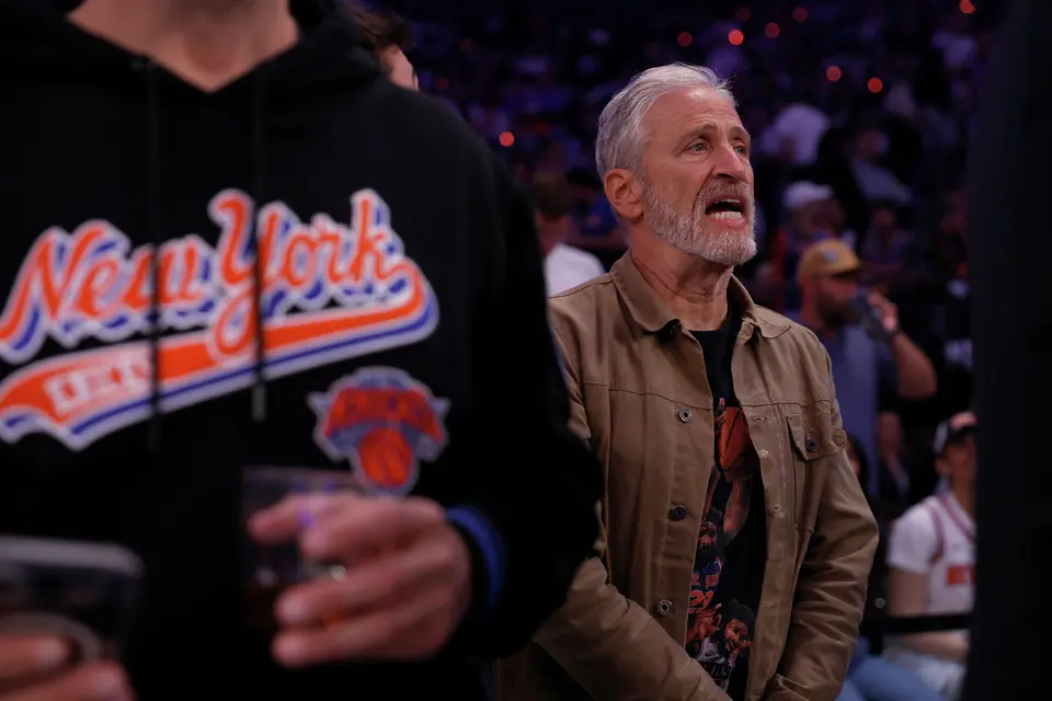 Comedian John Stewart watches the first quarter of Game 3 of the NBA Finals at Madison Square Garden in New York, Monday, June 8, 2026.