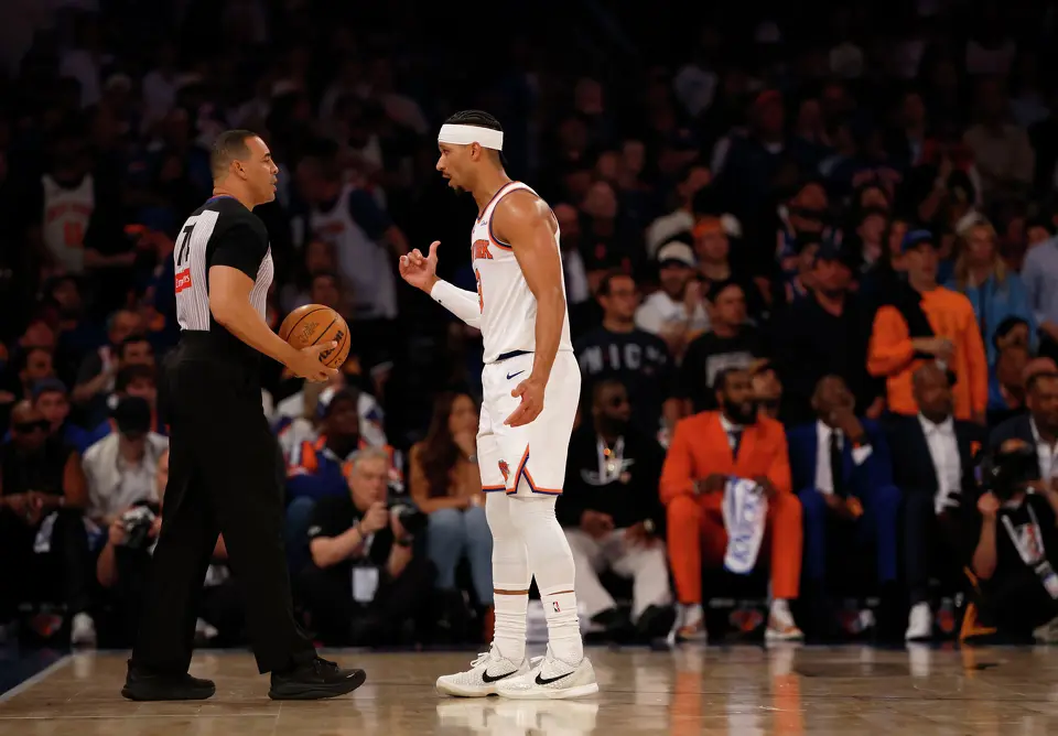 New York Knicks guard Josh Hart (3) has words with a referee during the first half of Game 3 of the NBA Finals at Madison Square Garden in New York, Monday, June 8, 2026.