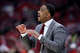 LOUISVILLE, KENTUCKY - MARCH 05, 2022: Mike Pegues the interim head coach of the Louisville Cardinals against the Virginia Cavaliers at KFC YUM! Center.