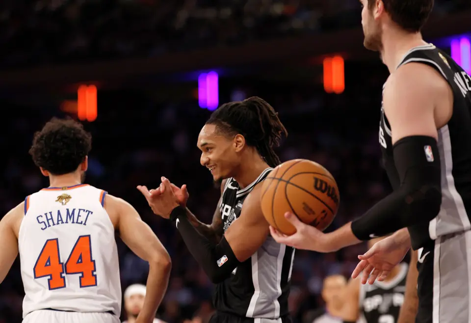 San Antonio Spurs guard Devin Vassell (24) claps after scoring a basket and getting fouled during the third quarter of Game 3 of the NBA Finals at Madison Square Garden in New York, Monday, June 8, 2026.