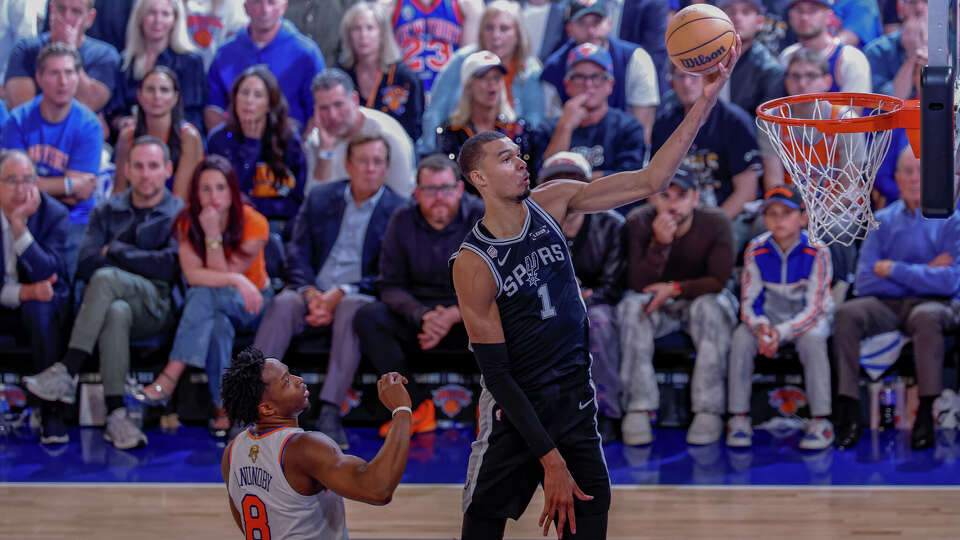 during the fourth quarter of Game 3 of the NBA Finals at Madison Square Garden in New York, Monday, June 8, 2026. The Spurs defeated the Knicks 115-111.