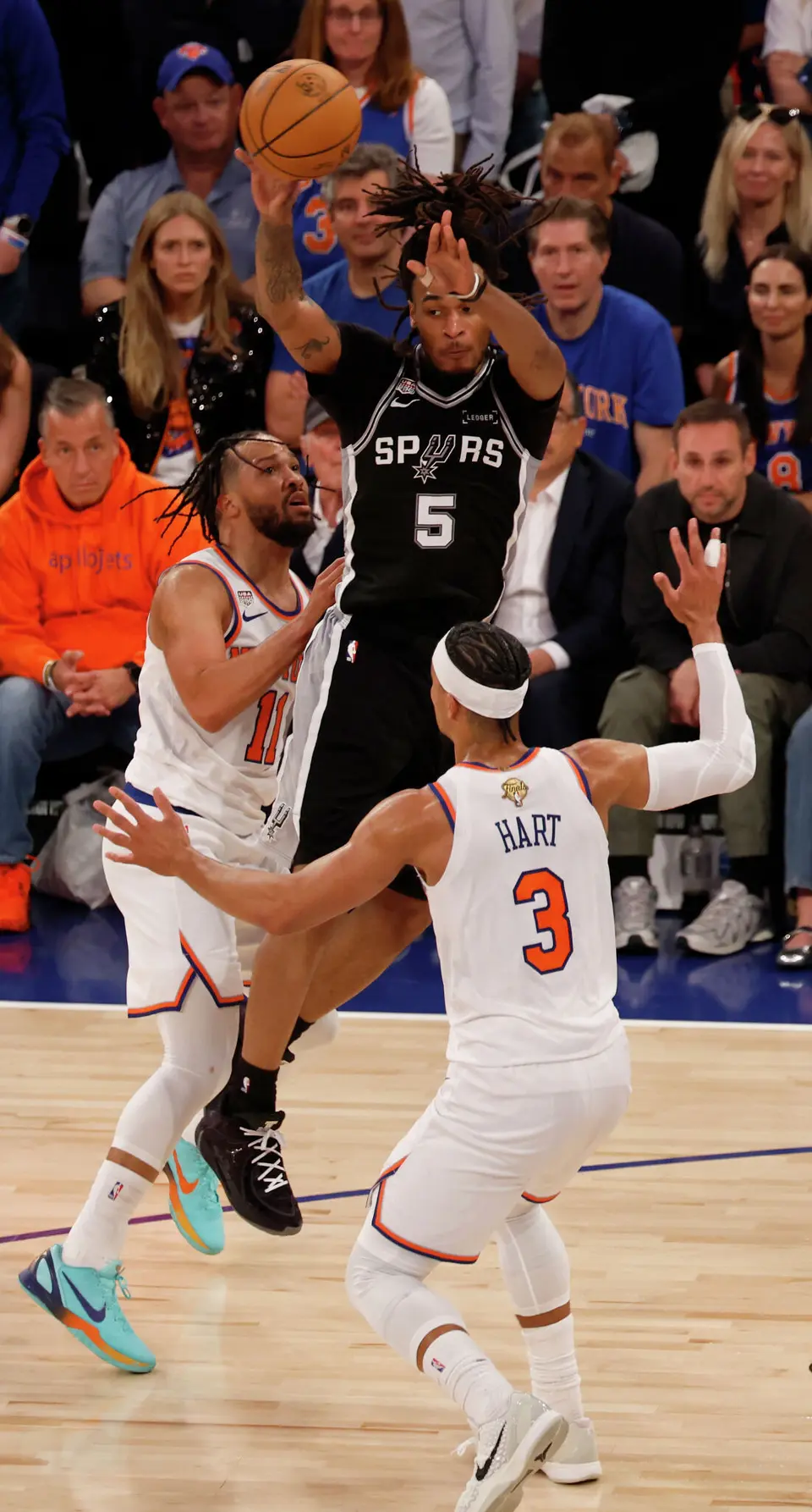 during the fourth quarter of Game 3 of the NBA Finals at Madison Square Garden in New York, Monday, June 8, 2026. The Spurs defeated the Knicks 115-111.